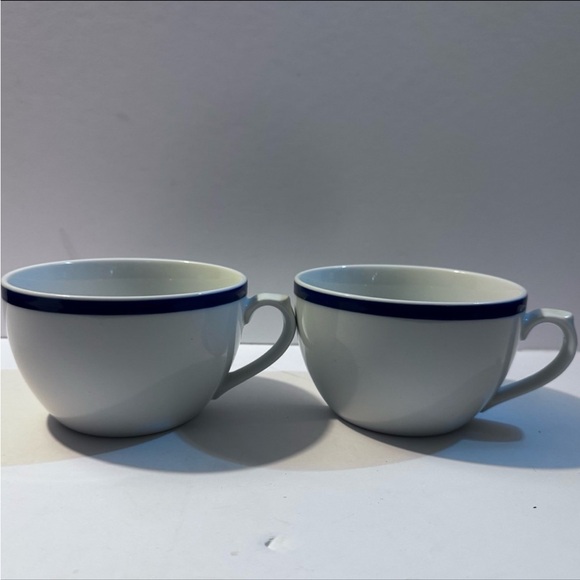 Set of 2 | White Ceramic Williams Sonoma Brasserie Blue Flat Mugs Tea Cups - Picture 4 of 12